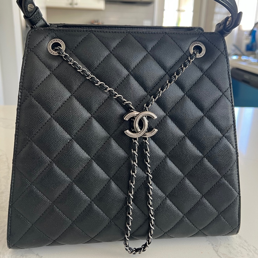 Chanel Caviar Quilted Medium Top Handle CC Bucket Bag Black Drawstring